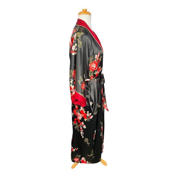 Jones New York Floral Satin Kimono Robe Black Red L/XL Belted Long Sleeve Silky - Picture 6 of 16